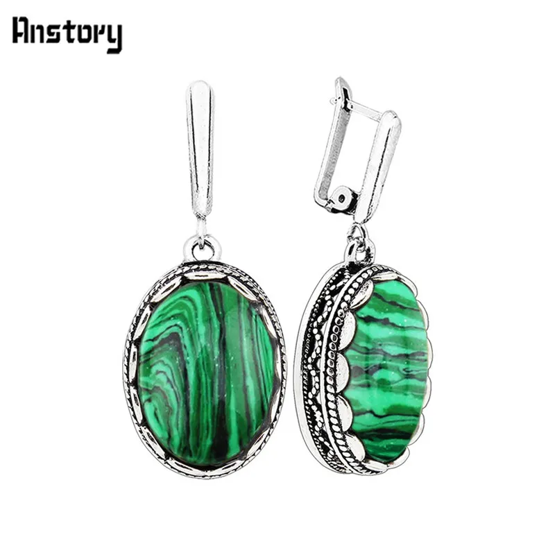 Vintage Fashion Looks - Flower Oval Malachite Dangle Earrings Vintage