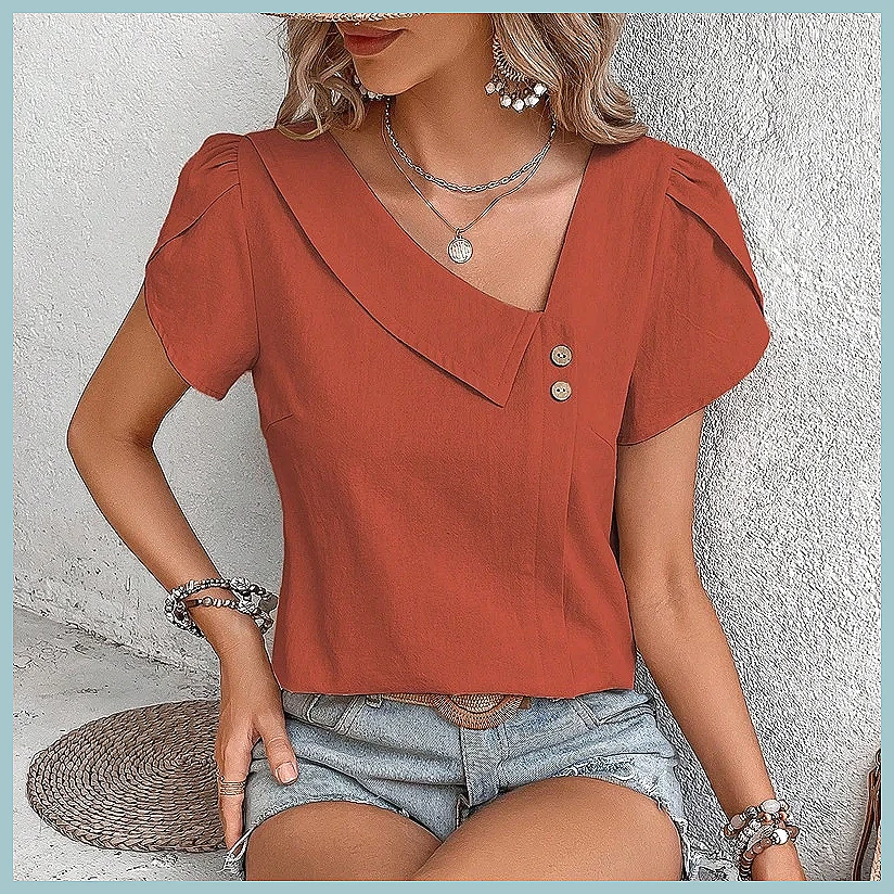 Usa Vintage Fashion - بلوزة نسائية بلون موحد بتصميم كلاسيكي